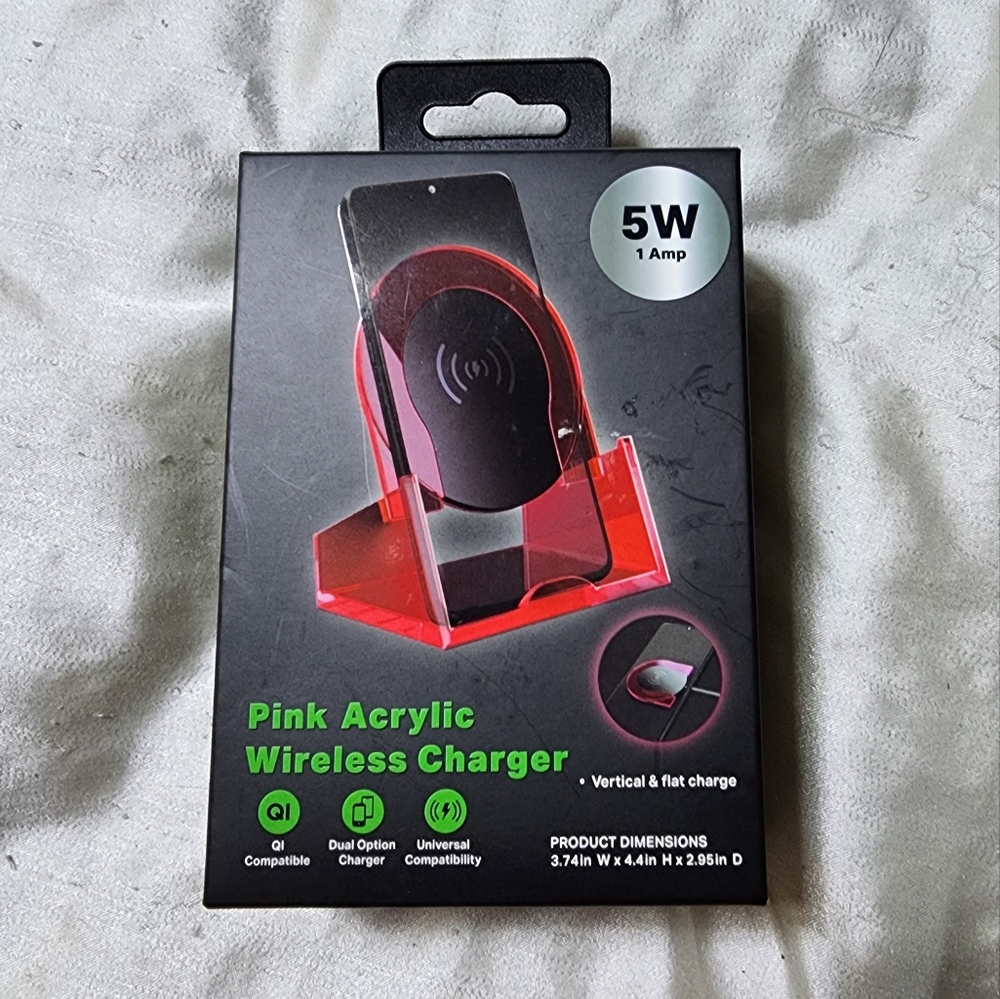 NWT Pink Acrylic 5W Wireless Charger Q1 Compatible With Micro-USB Cable